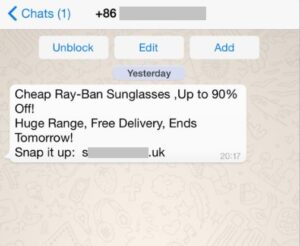 WhatsApp scam message advertising cheap Ray-Ban Sunglasses